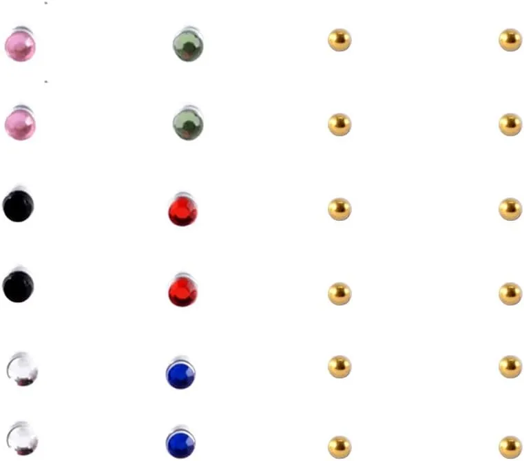 12pcs Crystal Nose Lip Ring Set Fake Ear Stud Earrings Clip on Cubic Zirconia Tragus Stainless Steel for Women Men Multicolor Non Piercing Body Jewelry