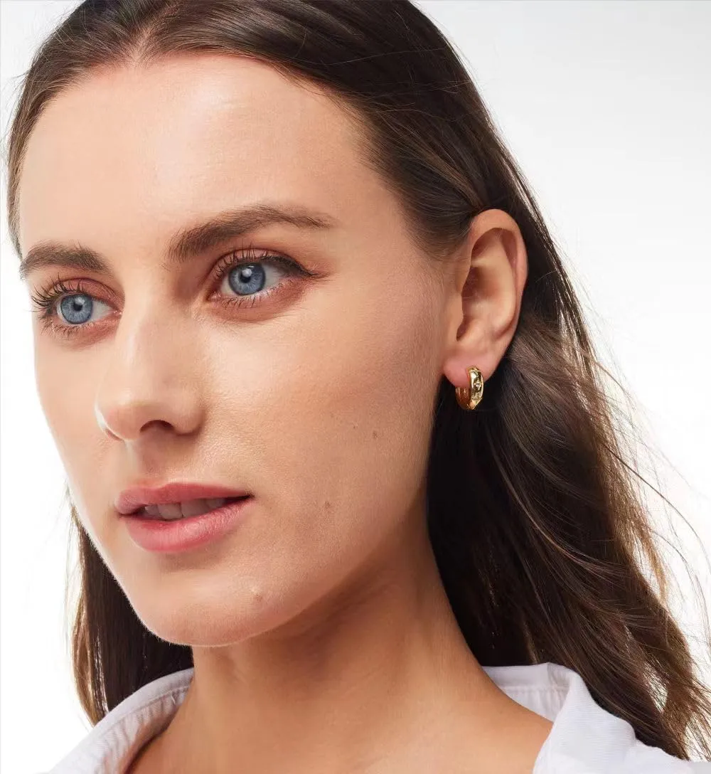 14K Gold Plated Sterling Silver Post Small Chunky Gold Hoop Earrings,Diamond Studded Huggie Earrings for Women 8mm 10mm 12mm