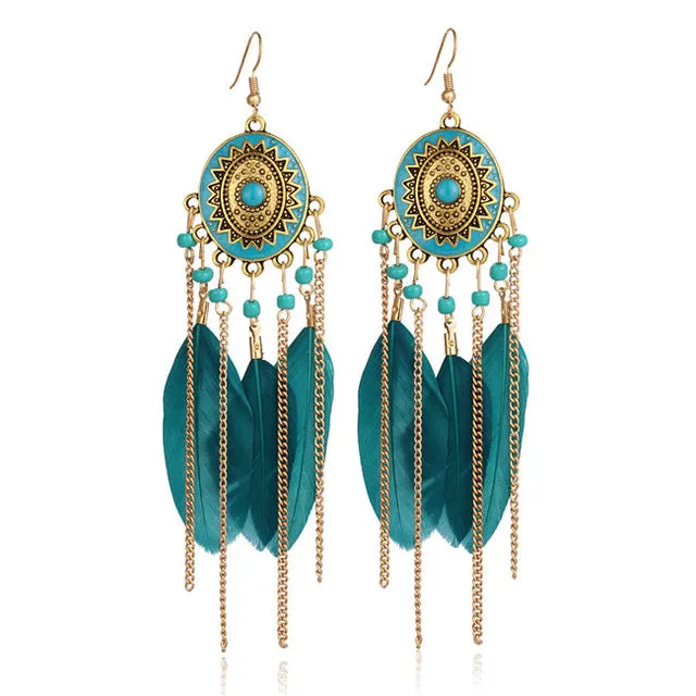 17KM 2016 Bohemia Vintage Women Long Feather Drop Earrings Tassel Bead Ethnic Indian Charm Brincos Jewelry Pendientes Bijoux
