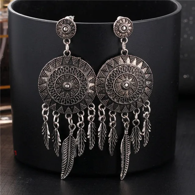 17KM 2016 Dream Catcher Hollow out Vintage Leaf Feather Dangle Earrings For Women Bohemia Style Earring Indian Jewelry