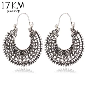 17KM New Hollow Out Double Sides Tibetan Silver Color Hoop Fashion Vintage Earrings For Women Wholesale Jewelry Drop Shipping