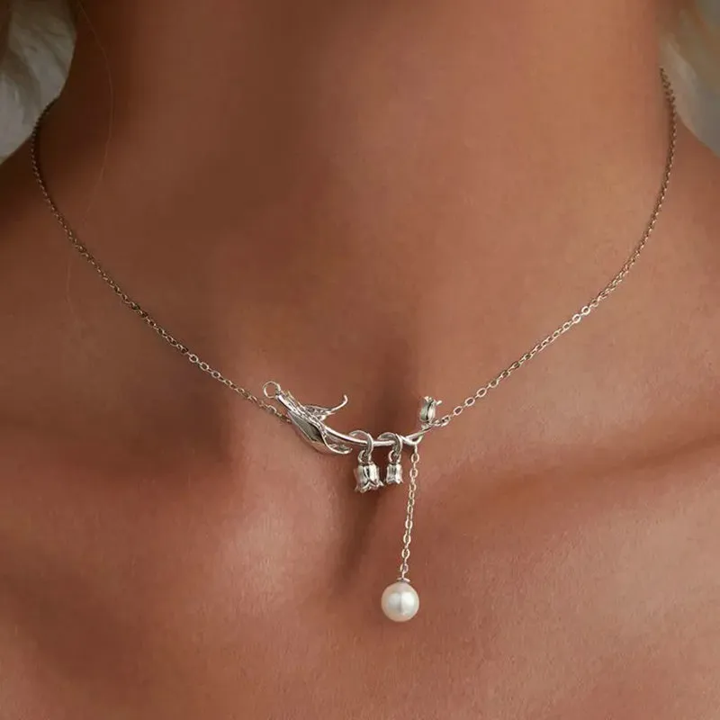 925 Sterling Silver Lily of the Valley Pendant Necklace Shell Pearl Flower Neck Chain for Women Party Fine Jewelry