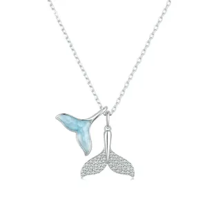925 Sterling Silver Sky Blue Enamel Whale Tail Pendant Necklace Double Fish Tail Neck Chain for Women Fine Jewelry