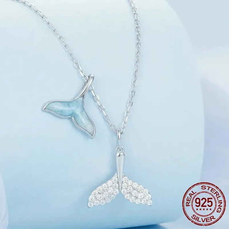 925 Sterling Silver Sky Blue Enamel Whale Tail Pendant Necklace Double Fish Tail Neck Chain for Women Fine Jewelry