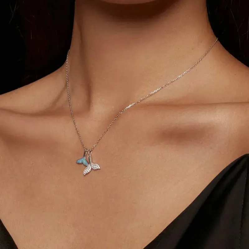 925 Sterling Silver Sky Blue Enamel Whale Tail Pendant Necklace Double Fish Tail Neck Chain for Women Fine Jewelry