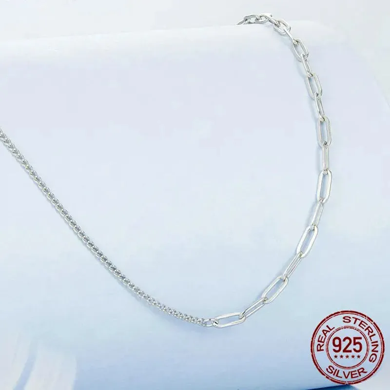 925 Sterling Silver White Gold Plated Simple Splicing Necklace Stacked Box Chain Link for Women Daily Wearing Jewelry
