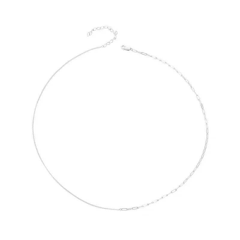 925 Sterling Silver White Gold Plated Simple Splicing Necklace Stacked Box Chain Link for Women Daily Wearing Jewelry