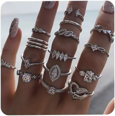 Aimimier 15 Pcs Bohemian Stackable Joint Knuckle Ring Set Crystal Heart Finger Ring Sparkling Rhinestone Midi Rings for Women
