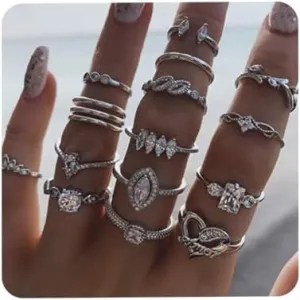 Aimimier 15 Pcs Bohemian Stackable Joint Knuckle Ring Set Crystal Heart Finger Ring Sparkling Rhinestone Midi Rings for Women