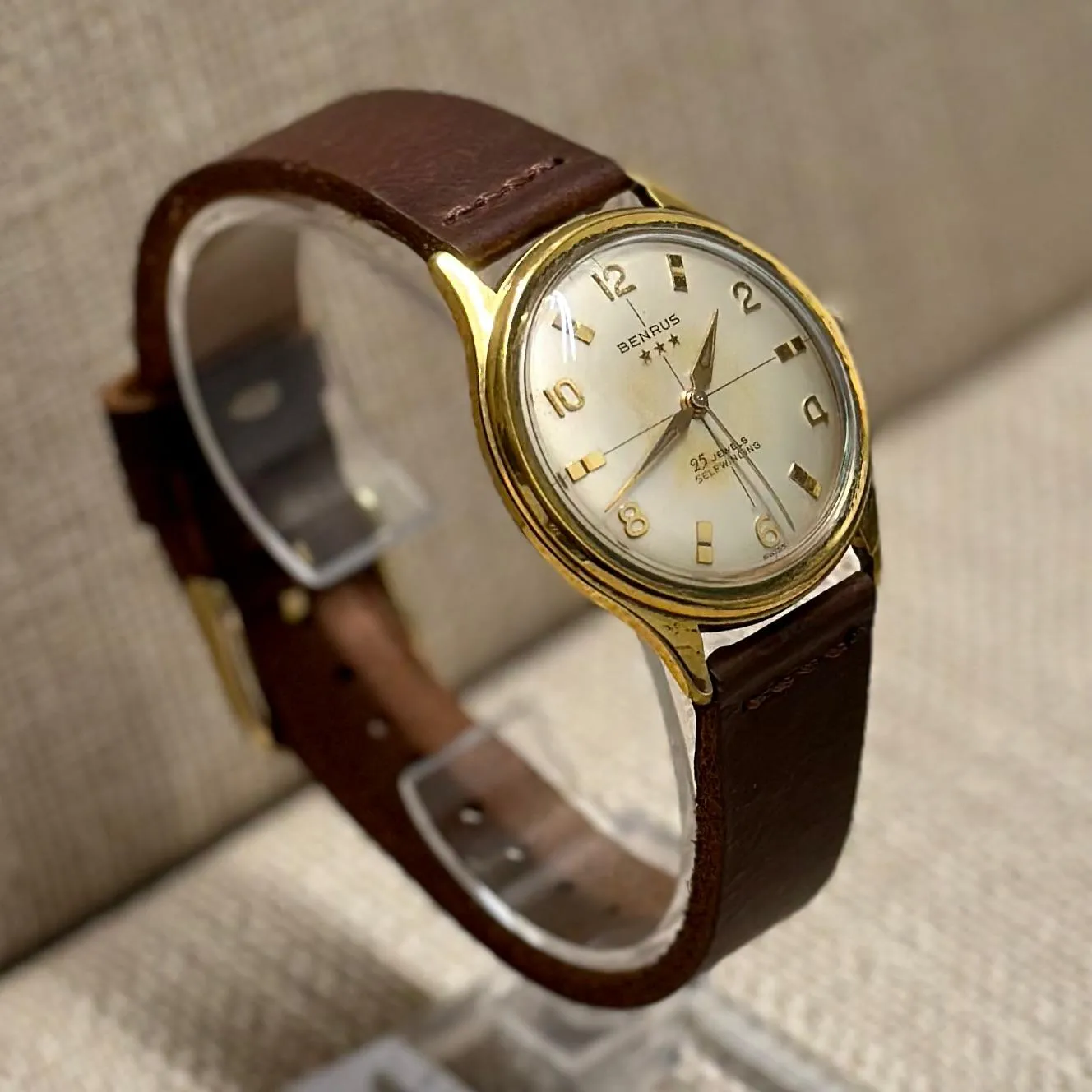 Benrus c. 1950s Gold Men's Watch w/ Unique Aged Tropical Dial - $4K APR w/ COA!!
