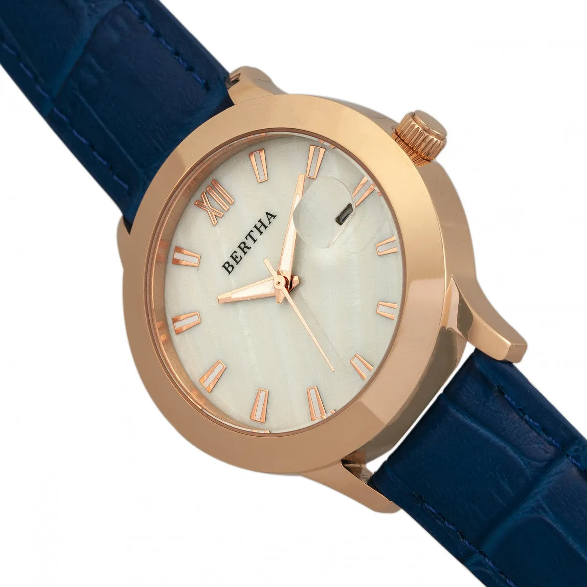 Bertha Eden Mother-Of-Pearl Leather-Band Watch w/Date - Blue/Rose Gold