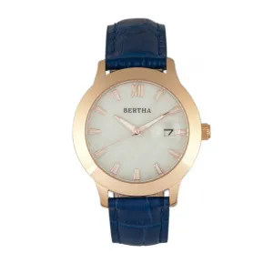 Bertha Eden Mother-Of-Pearl Leather-Band Watch w/Date - Blue/Rose Gold