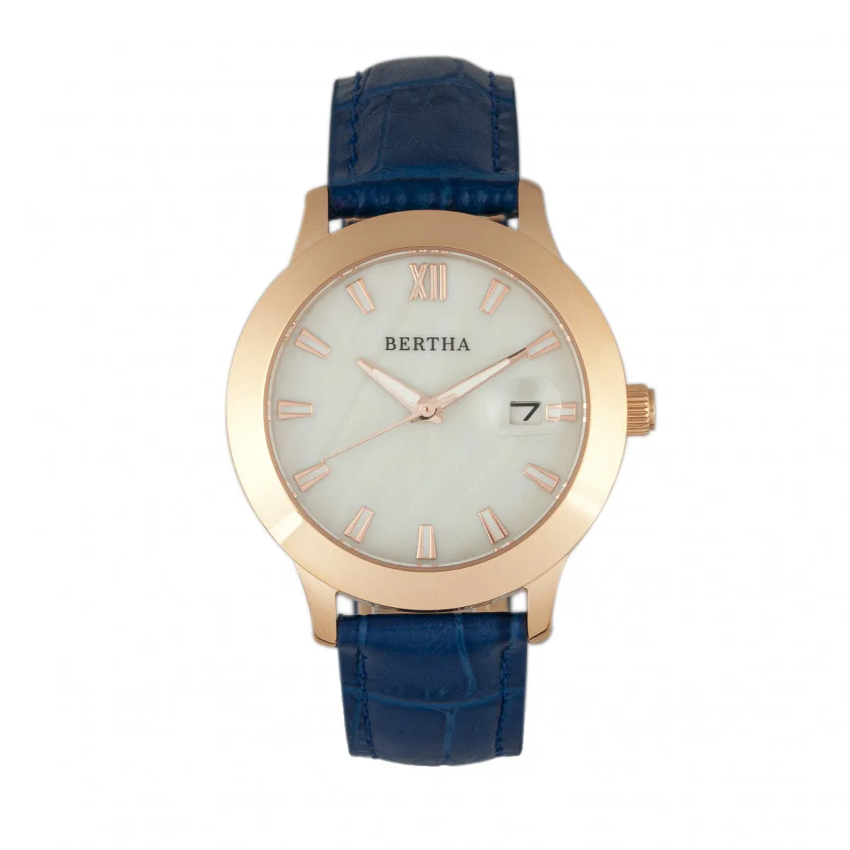 Bertha Eden Mother-Of-Pearl Leather-Band Watch w/Date - Blue/Rose Gold