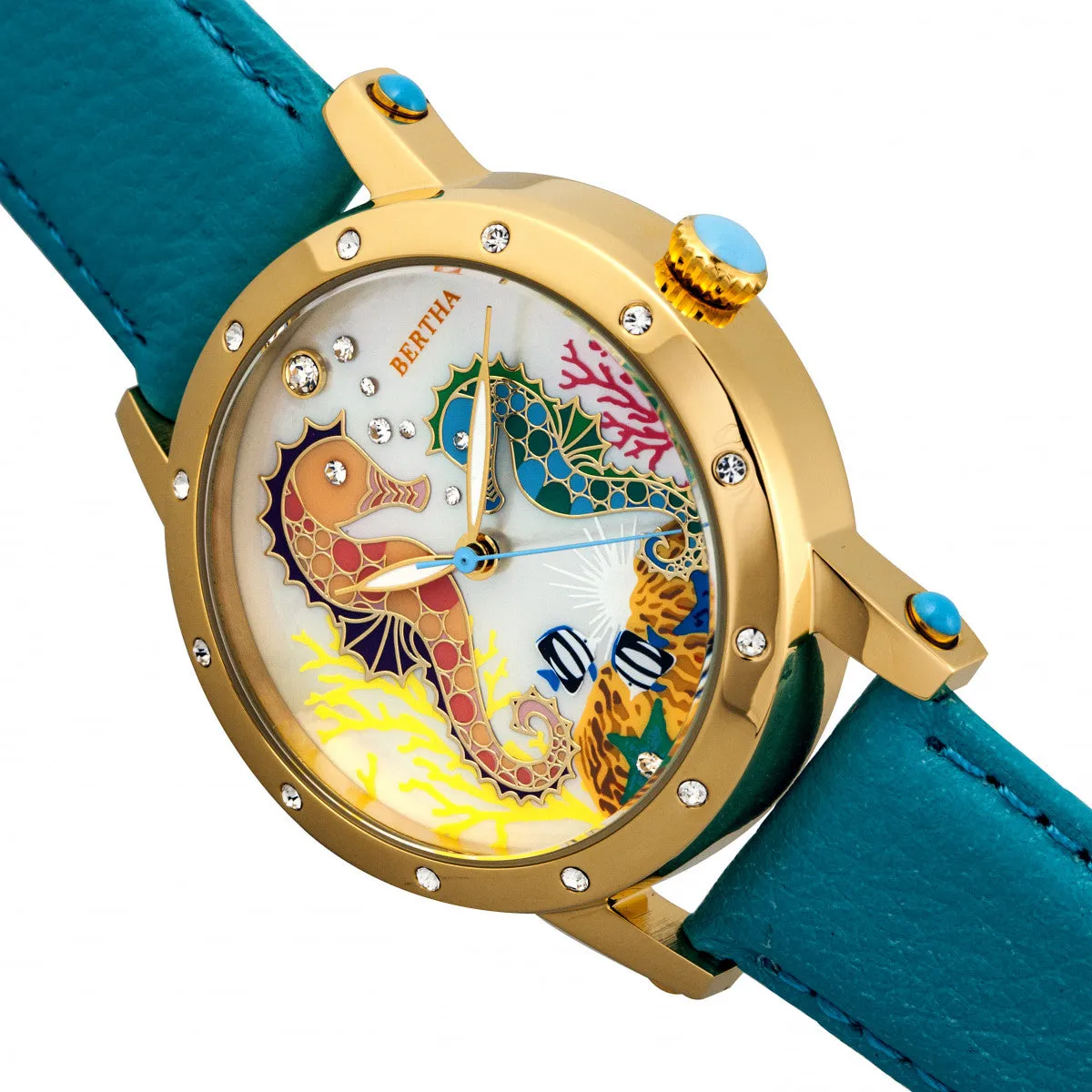 Bertha Morgan MOP Leather-Band Ladies Watch - Gold/Turquoise