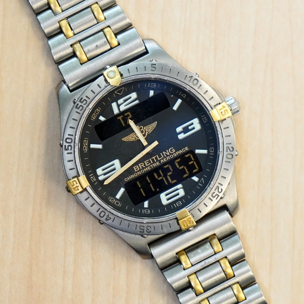 BREITLING Aerospace Navimeter Watch F75362 Perpetual Alarm Wristwatch Titanium & Gold - IN BOX!