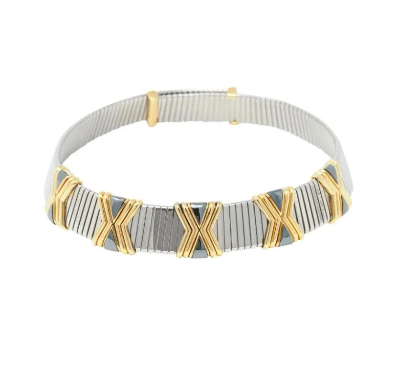 Bulgari Stainless Steel 18K Gold Hematite X Choker Necklace ASC5624