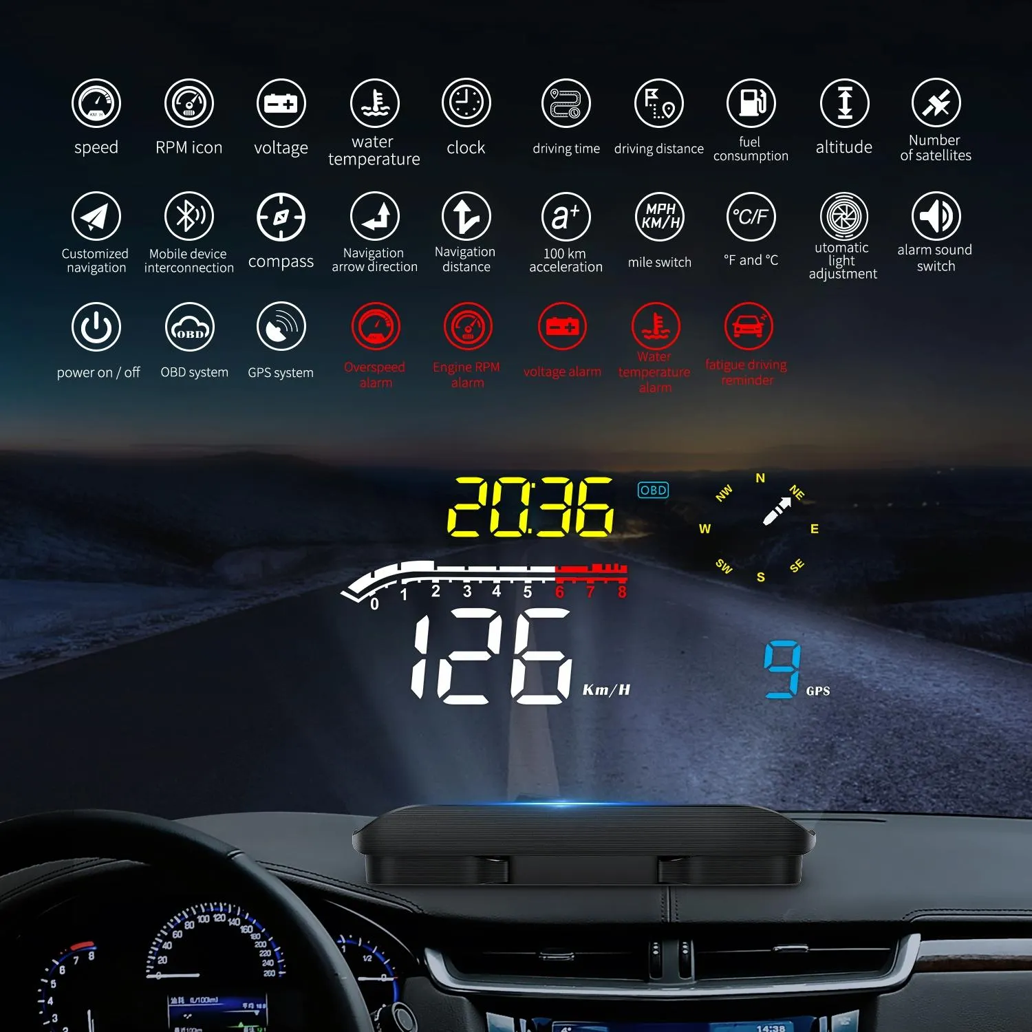 Car Obd2 Hud Head Up Display Gps Speed Meter With Speed Voltage And Water Temp Speed Alarm