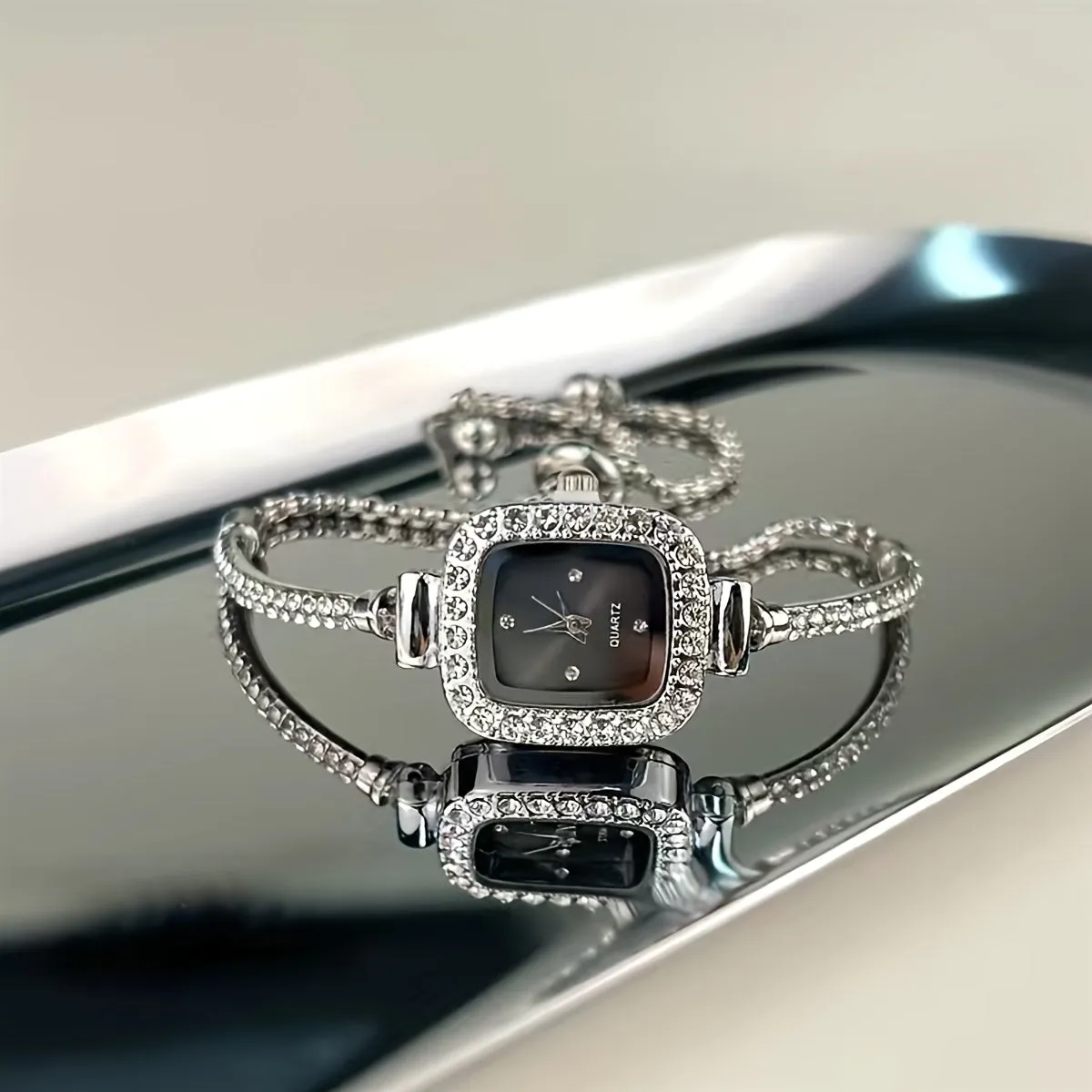 Chic Rhinestone Embellished Square Quartz Watch