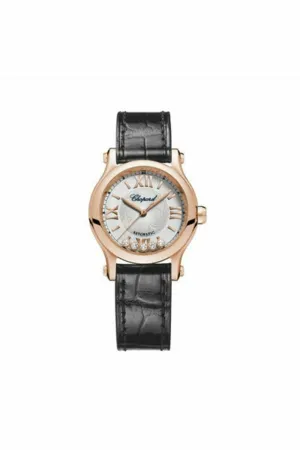 chopard happy sport round watch 30mm rose gold case silver dial black strap ref. 274893-5011