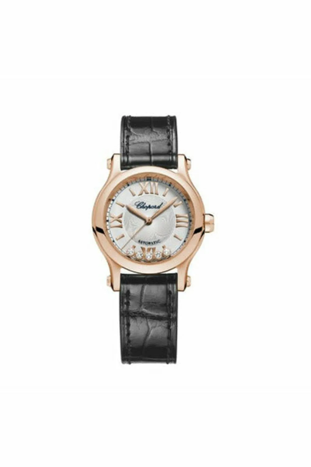 chopard happy sport round watch 30mm rose gold case silver dial black strap ref. 274893-5011