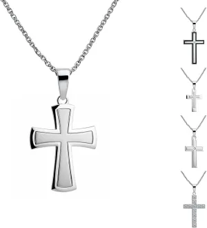 Cross Necklace for Men, Silver/Black/Diamond Stainless Steel Cross Necklace for Men, Hypoallergenic Religious Jewelry Gift for Him, Husband, Boyfriend