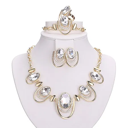 CWEEL New African Jewelry Sets Gold Color White Imitated Blue/Crystal Women Wedding Necklace Bracelet Earring Ring Set