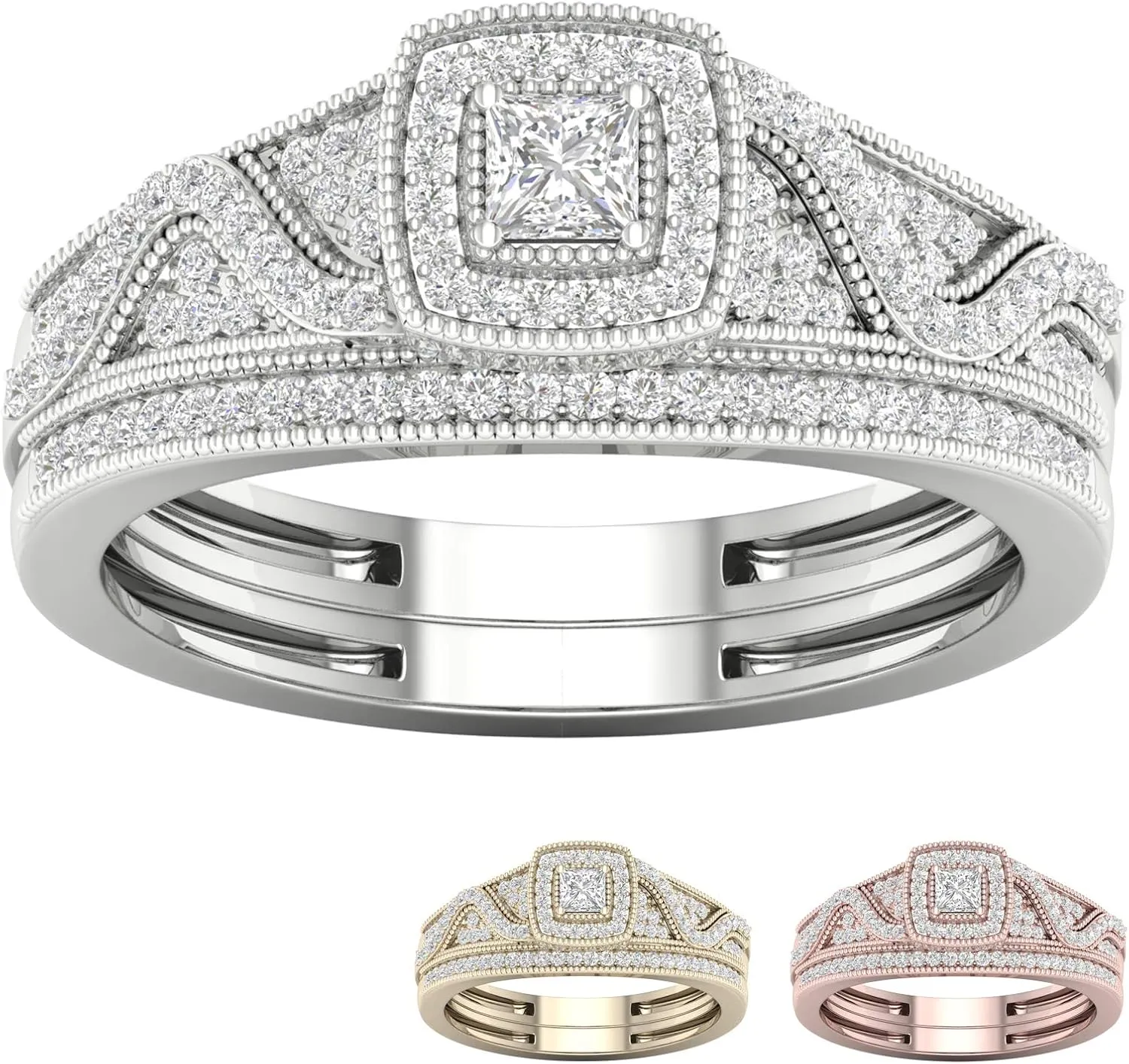 DZON 10k Gold 3/8Ct TDW Diamond Halo Engagement Ring Set (I-J,I2)