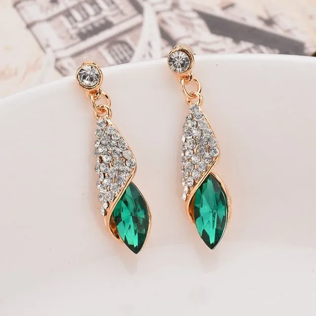 Fashion Brand Alloy Gold Colors Statement Austria Blue Crystal Long Earrings Rhinestone Water Drop Elegant Earring Jewelry