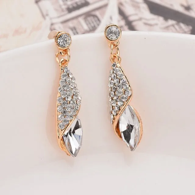 Fashion Brand Alloy Gold Colors Statement Austria Blue Crystal Long Earrings Rhinestone Water Drop Elegant Earring Jewelry