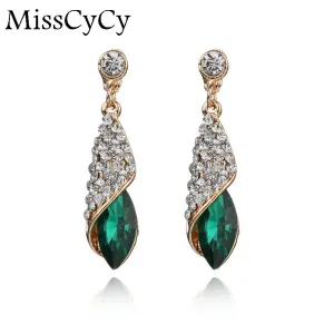 Fashion Brand Alloy Gold Colors Statement Austria Blue Crystal Long Earrings Rhinestone Water Drop Elegant Earring Jewelry