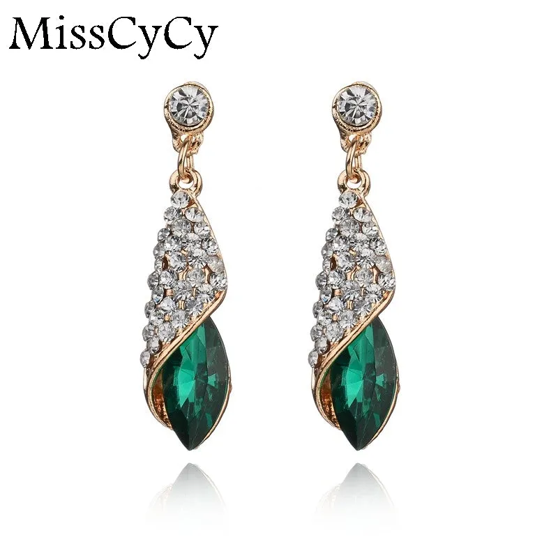 Fashion Brand Alloy Gold Colors Statement Austria Blue Crystal Long Earrings Rhinestone Water Drop Elegant Earring Jewelry