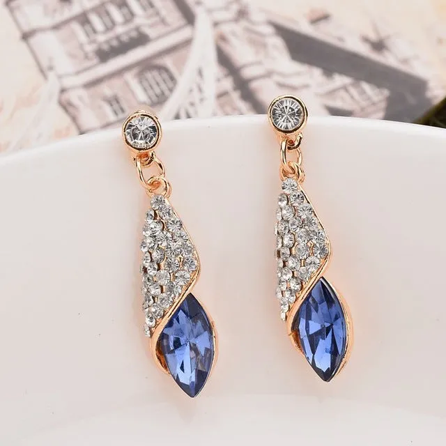 Fashion Brand Alloy Gold Colors Statement Austria Blue Crystal Long Earrings Rhinestone Water Drop Elegant Earring Jewelry