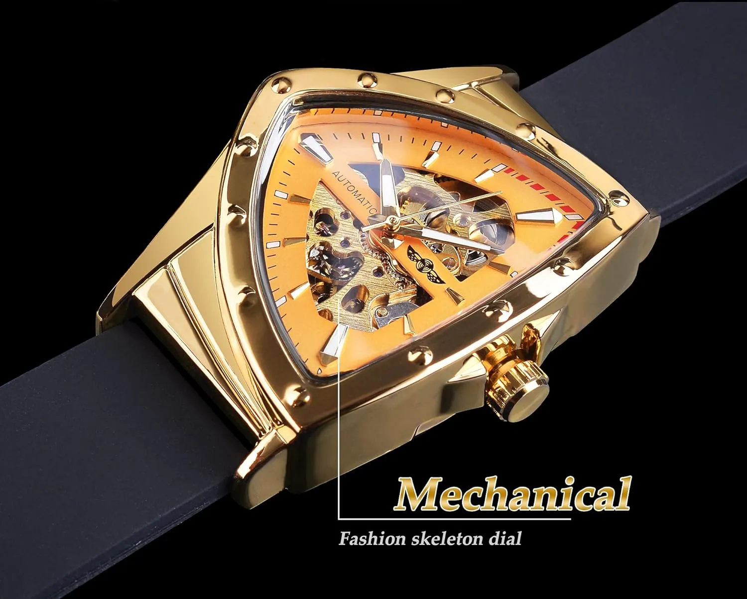 FORSINING Skeleton Watches for Men, Automatic Mechanical Watch with Triangle Dial, Luminous Self Winding Watches Stainless Steel Bracelet or Soft Silicone Strap