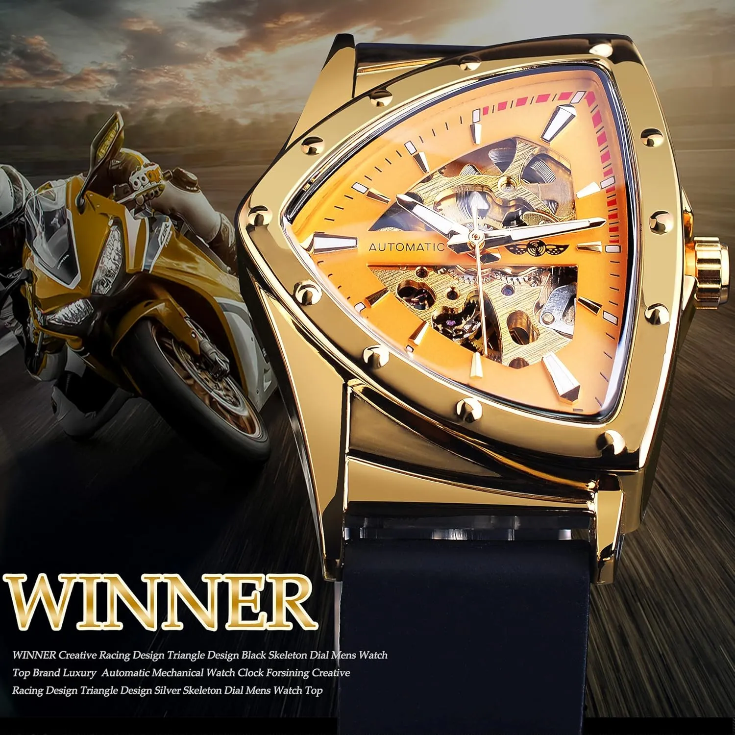 FORSINING Skeleton Watches for Men, Automatic Mechanical Watch with Triangle Dial, Luminous Self Winding Watches Stainless Steel Bracelet or Soft Silicone Strap