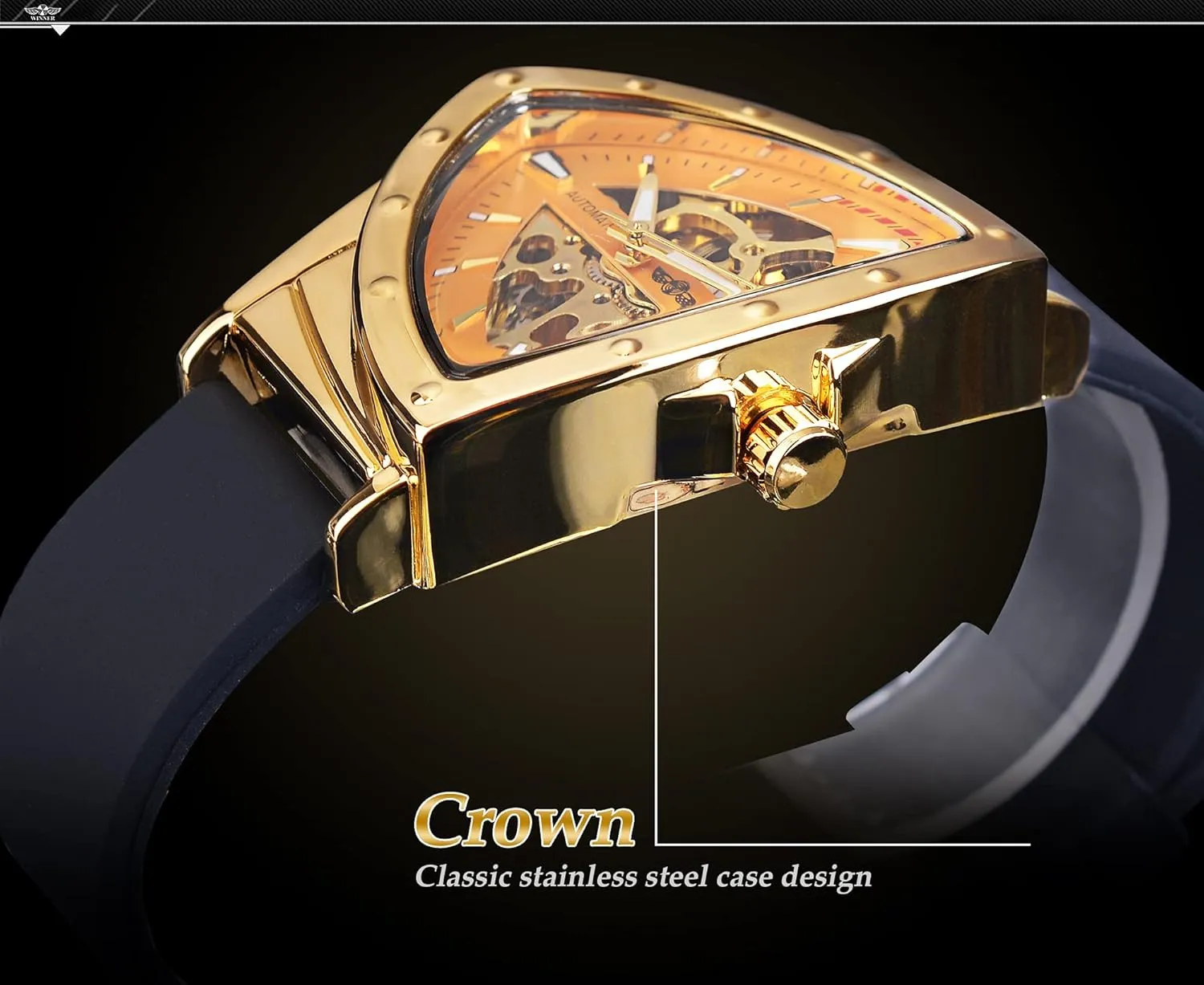 FORSINING Skeleton Watches for Men, Automatic Mechanical Watch with Triangle Dial, Luminous Self Winding Watches Stainless Steel Bracelet or Soft Silicone Strap