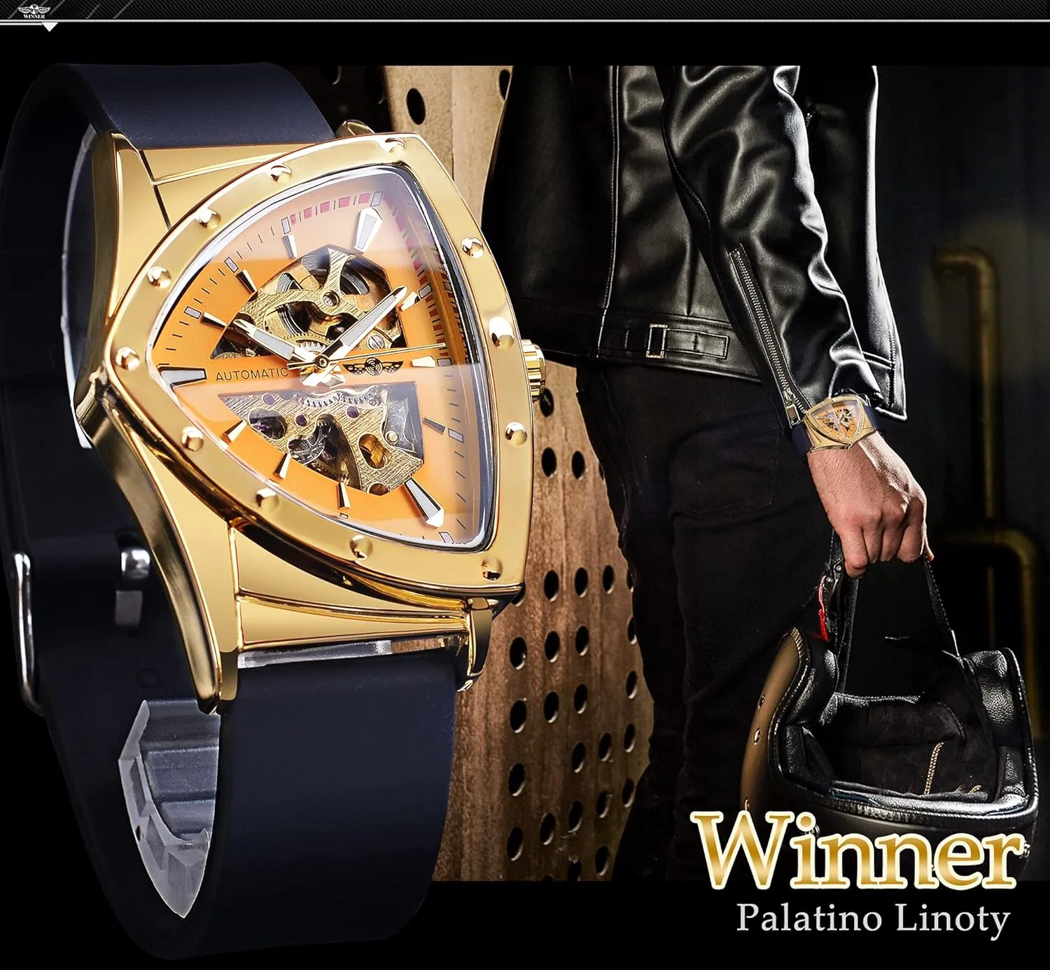 FORSINING Skeleton Watches for Men, Automatic Mechanical Watch with Triangle Dial, Luminous Self Winding Watches Stainless Steel Bracelet or Soft Silicone Strap
