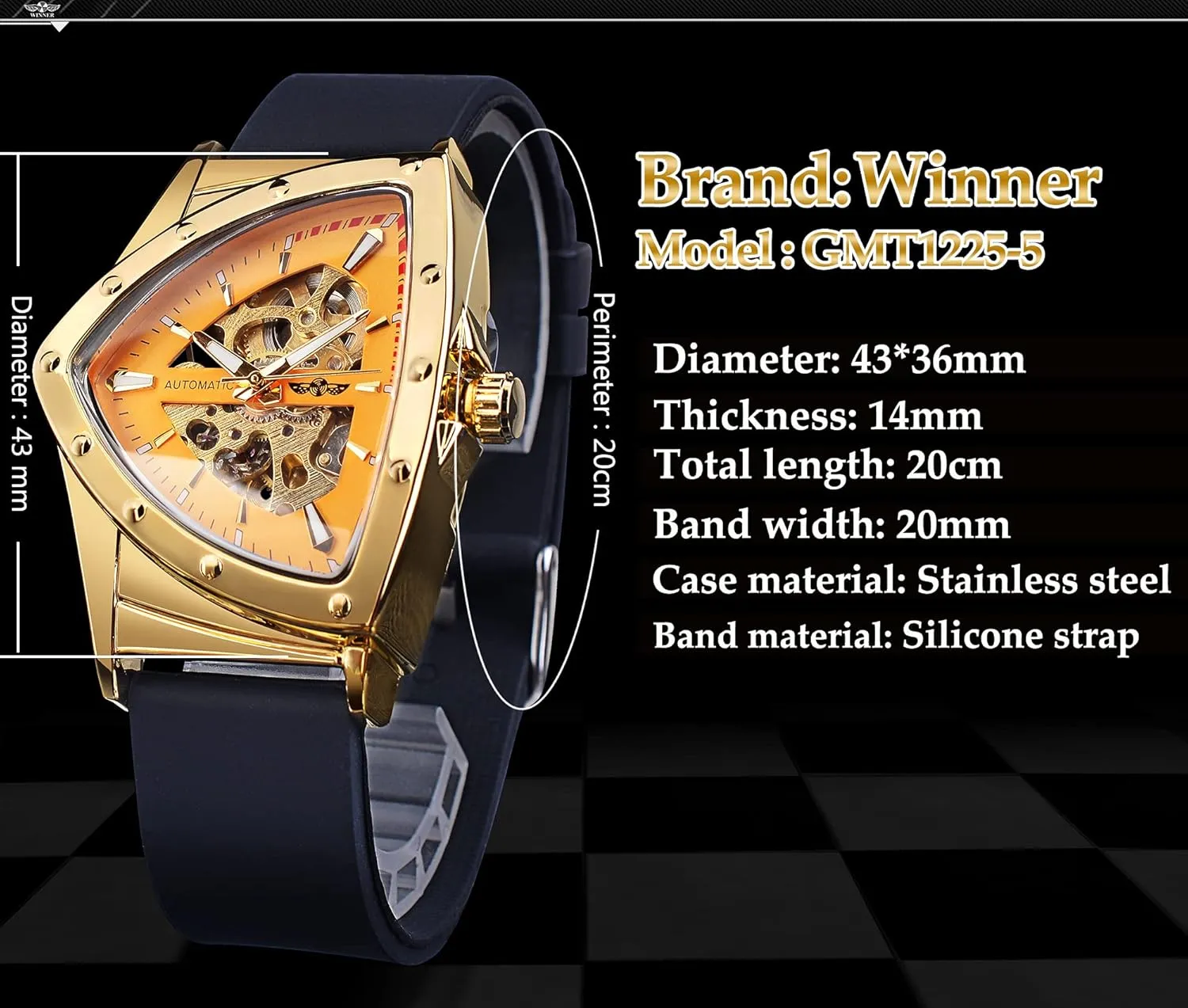 FORSINING Skeleton Watches for Men, Automatic Mechanical Watch with Triangle Dial, Luminous Self Winding Watches Stainless Steel Bracelet or Soft Silicone Strap