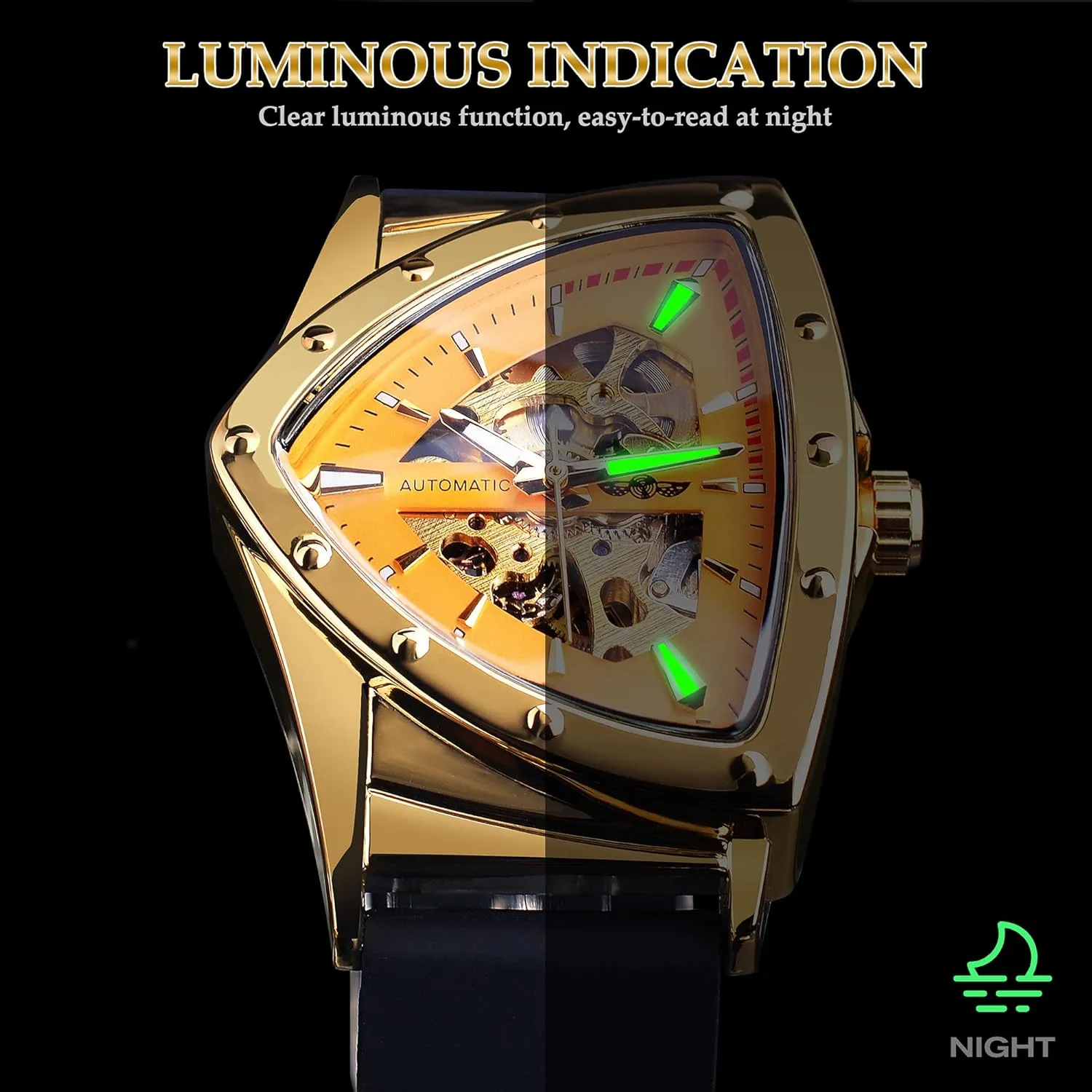 FORSINING Skeleton Watches for Men, Automatic Mechanical Watch with Triangle Dial, Luminous Self Winding Watches Stainless Steel Bracelet or Soft Silicone Strap