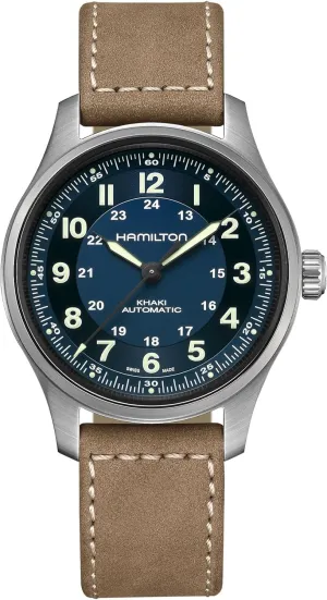 Hamilton Watch Khaki Field Titanium Auto | Swiss Made | 42mm Titanium Case | Blue Dial Analog Watch | Brown Leather Strap (Model: H70545540)
