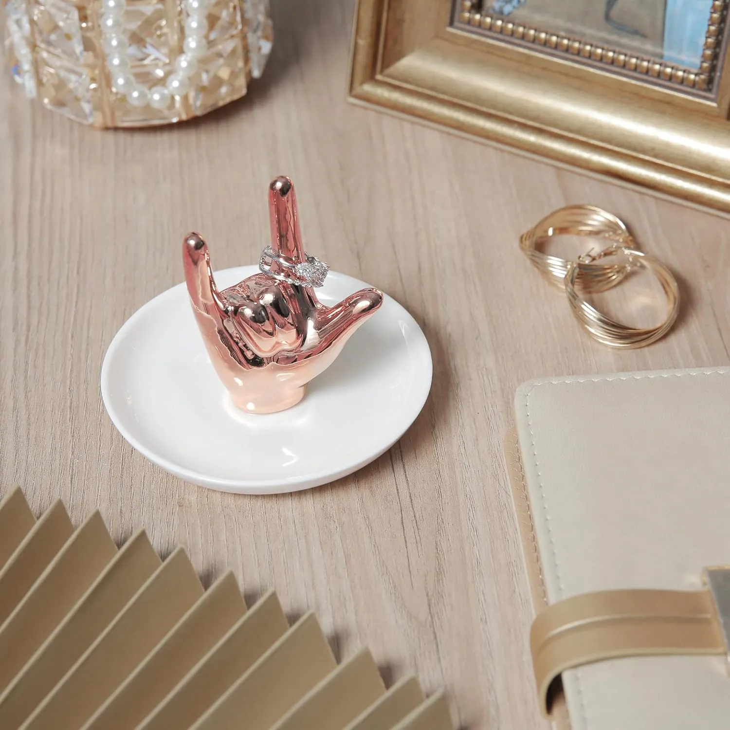 I LOVE YOU Hand Ring Holder Ring Dish Ceramic Jewelry Holder Dish Trinket tray for Rings Earrings Necklace Organizer, Engagement Wedding Ring Holder, Christmas Birthday Gifts (Rose Gold)