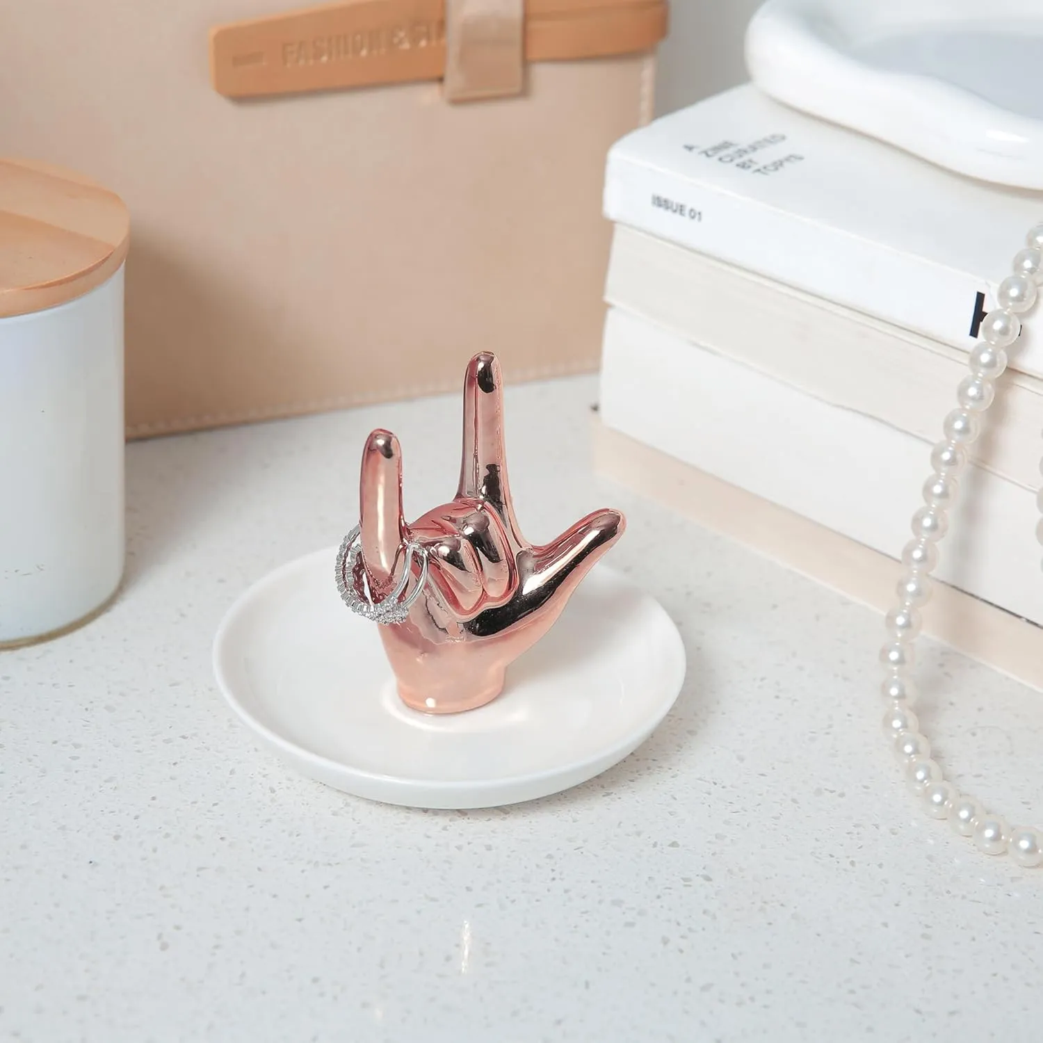 I LOVE YOU Hand Ring Holder Ring Dish Ceramic Jewelry Holder Dish Trinket tray for Rings Earrings Necklace Organizer, Engagement Wedding Ring Holder, Christmas Birthday Gifts (Rose Gold)