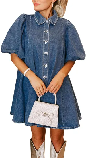 LifeShe Women Short Sleeve Denim Dress Babydoll Mini Jean Dress Button Down Party Dress with Bow Decor