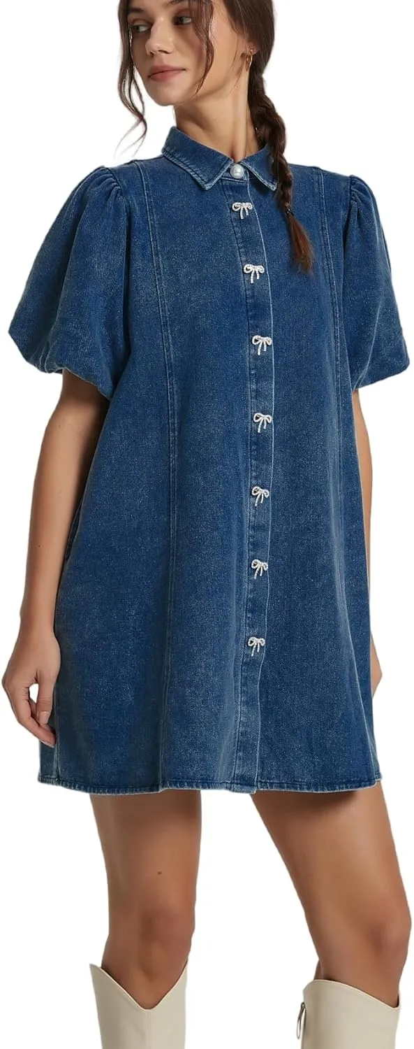 LifeShe Women Short Sleeve Denim Dress Babydoll Mini Jean Dress Button Down Party Dress with Bow Decor