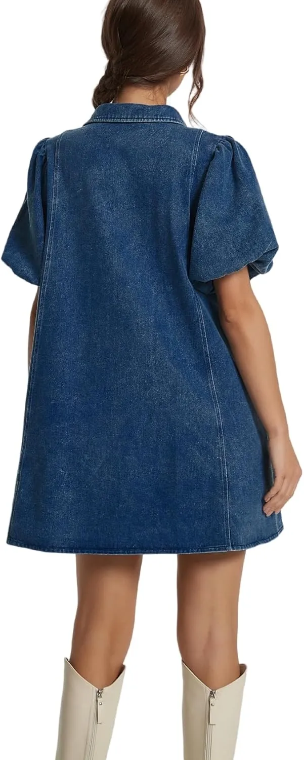 LifeShe Women Short Sleeve Denim Dress Babydoll Mini Jean Dress Button Down Party Dress with Bow Decor