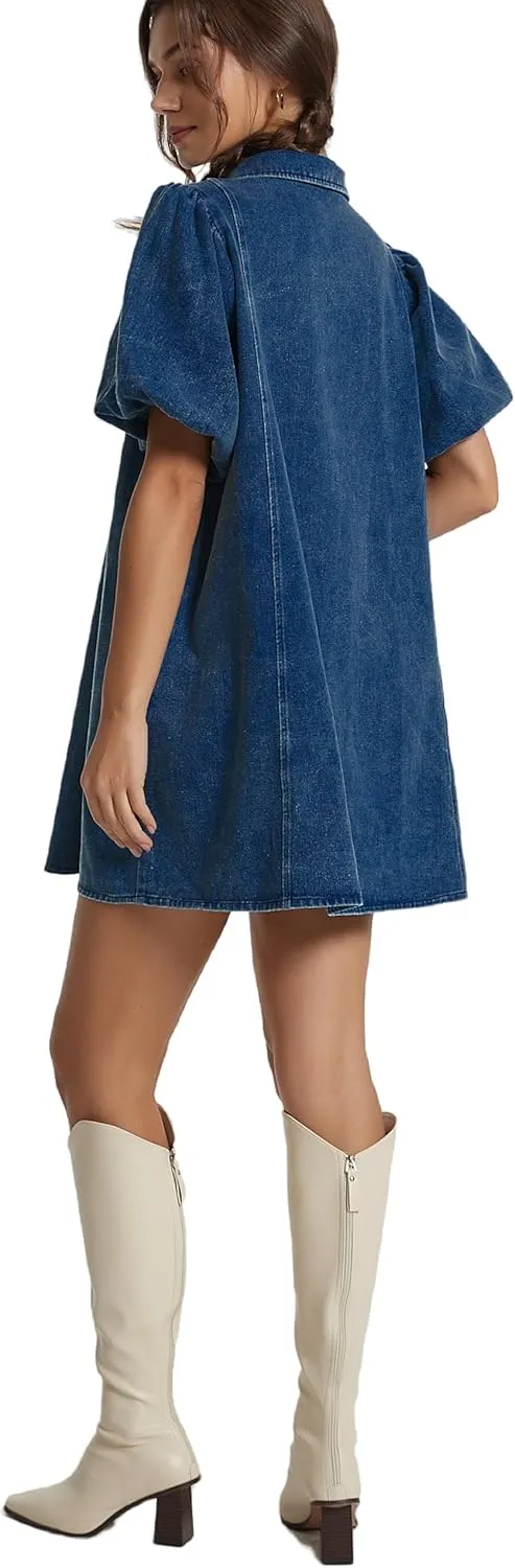 LifeShe Women Short Sleeve Denim Dress Babydoll Mini Jean Dress Button Down Party Dress with Bow Decor