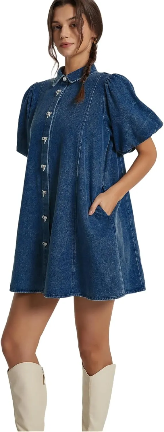 LifeShe Women Short Sleeve Denim Dress Babydoll Mini Jean Dress Button Down Party Dress with Bow Decor