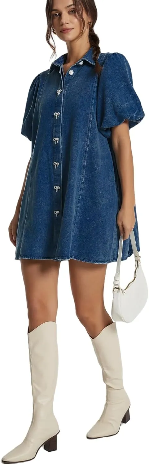 LifeShe Women Short Sleeve Denim Dress Babydoll Mini Jean Dress Button Down Party Dress with Bow Decor