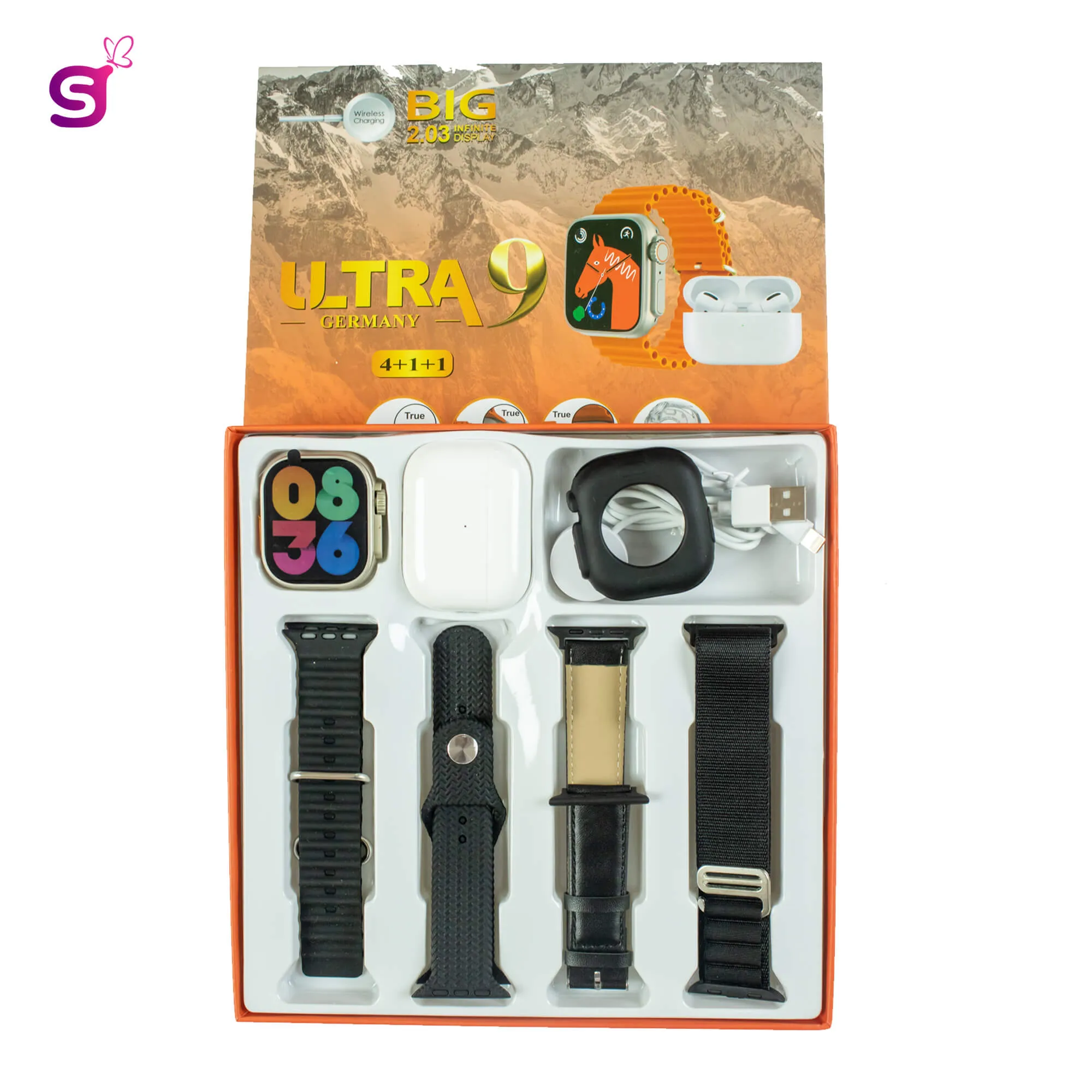 New Ultra9 Smartwatch With Airpods 2nd Gen 4 in 1 strap Combo smartwatch screw and Strap lock