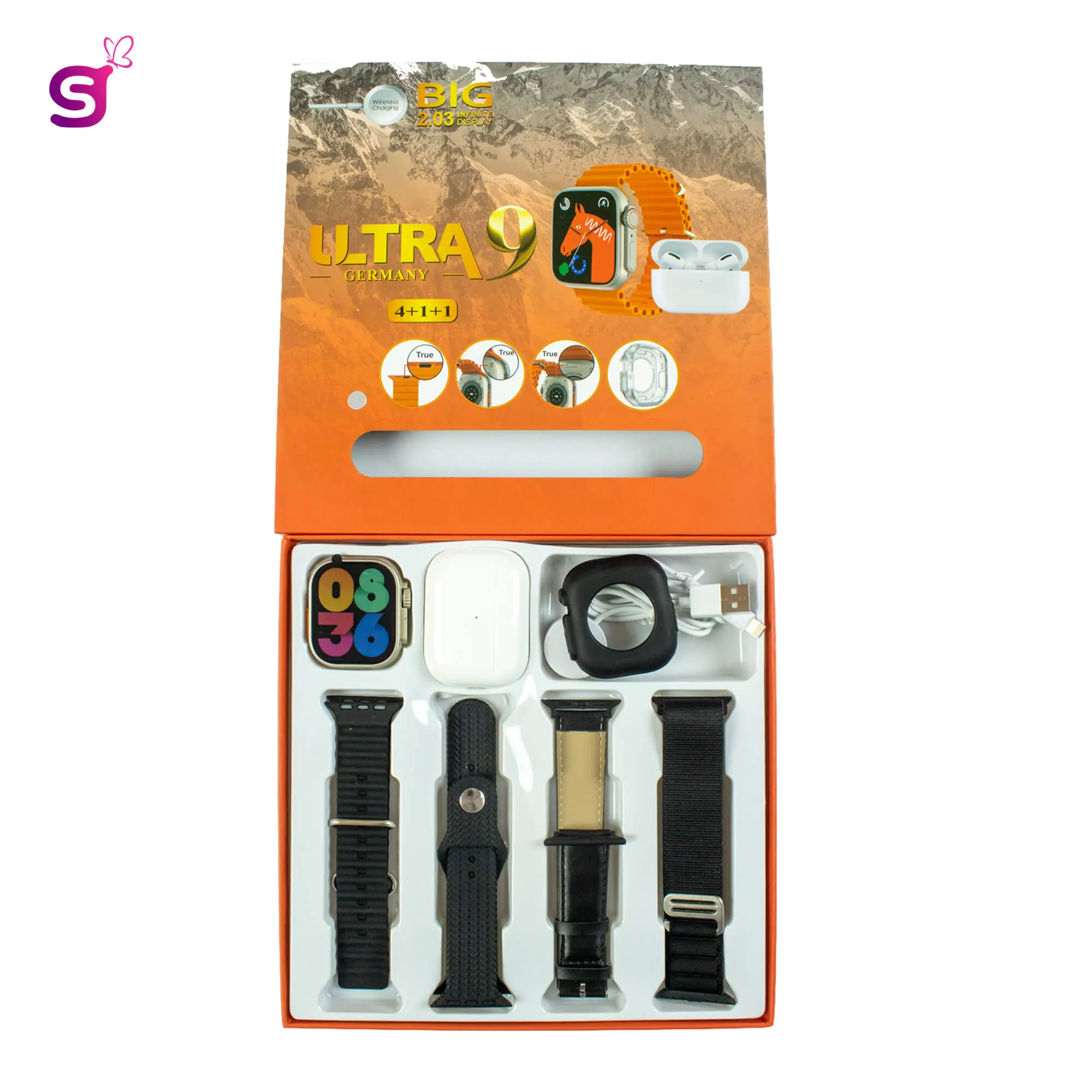 New Ultra9 Smartwatch With Airpods 2nd Gen 4 in 1 strap Combo smartwatch screw and Strap lock