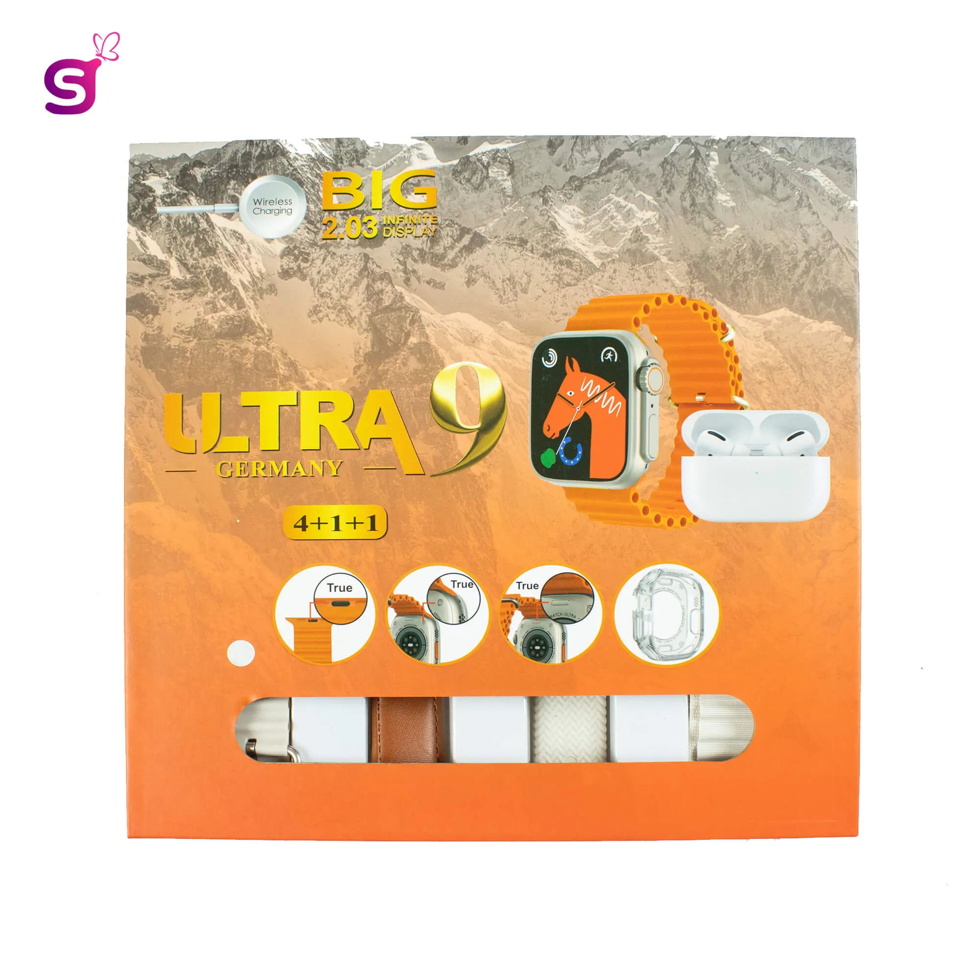 New Ultra9 Smartwatch With Airpods 2nd Gen 4 in 1 strap Combo smartwatch screw and Strap lock